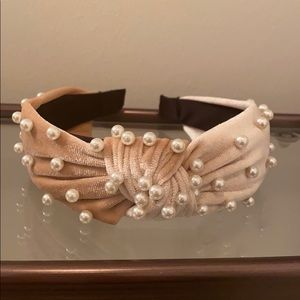 Pink velvet knot headband with pearls